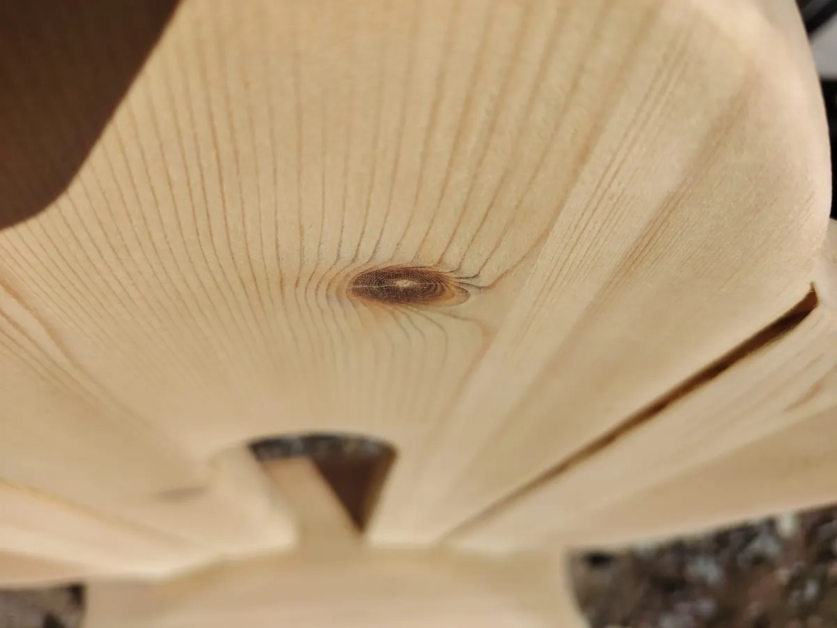 Nahaufnahme der geschwungenen Lehne, mit einem Ast im Holz